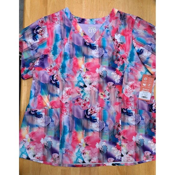 Barco One Women's 3XL Multicolor Floral Blooms Nurse Medical Scrub Top NWT - Picture 1 of 10